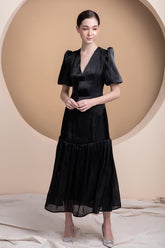 Silk Organza Midi Dress with Puff Sleeves and Flared Hem for Elegant Occasions